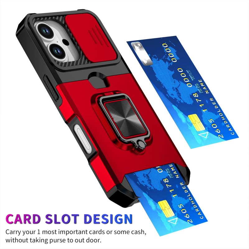 Image of LuxuryKase Shockproof Armor Case for iPhone 17 | Slide Camera Cover | Hidden Card Slot | Rotating Ring Kickstand | Magnetic Car Mount Support | Military Grade Protection - Red