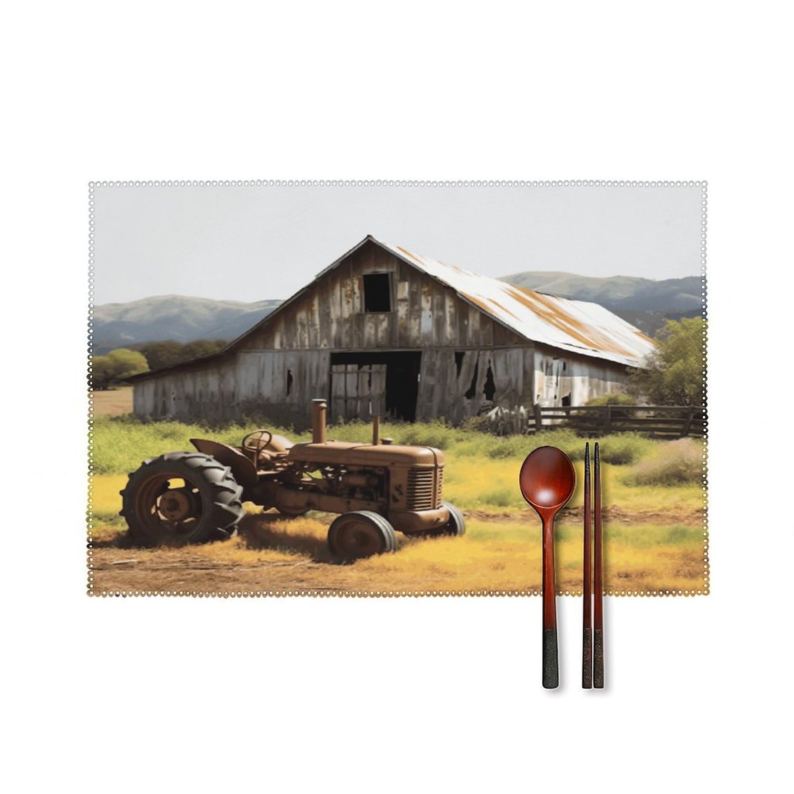 Old Wooden Barn with Rusted Tractor Placemats Set of 4 Heat Resistant Non-Slip Place Mats Reusable Dining Table Mats Canvas Place Mat Anti-Fading Waterproof Placemats for Dining Table Decor