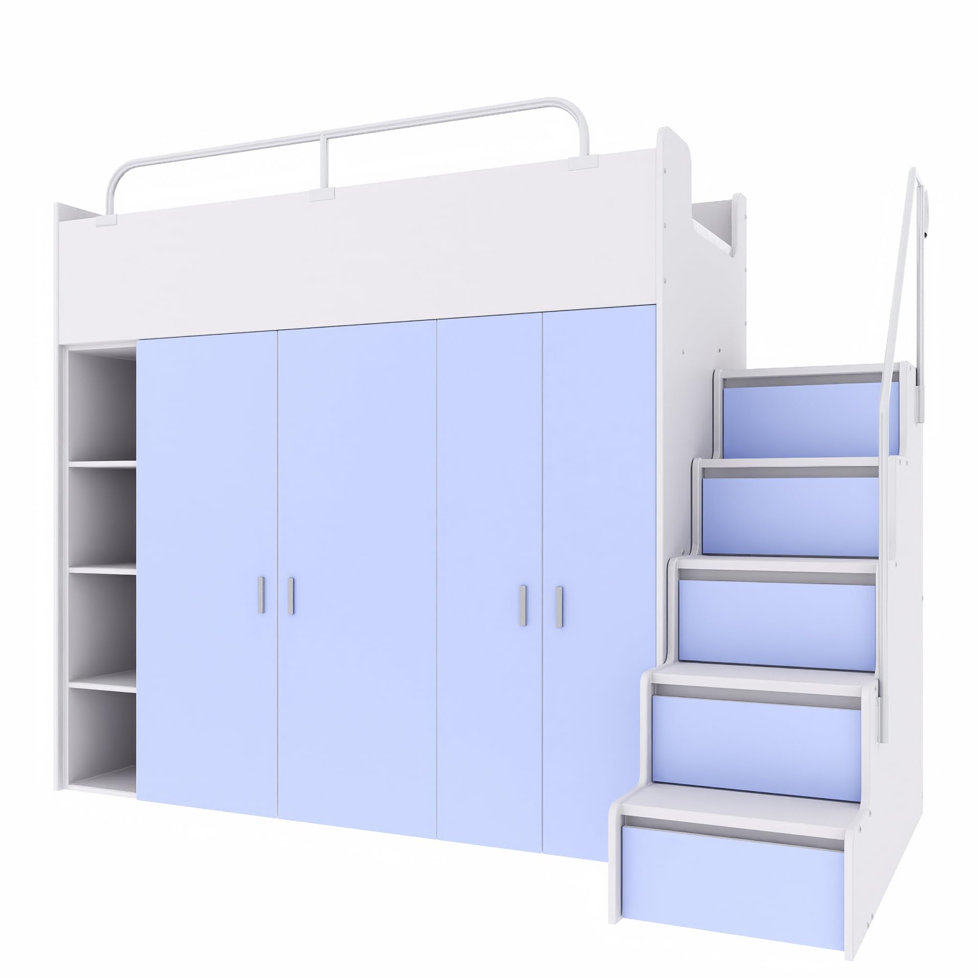 Hochbett Kinderbett JSM-2 90x200 mit Zwei Kleiderschränken, Bücherregal und Treppe Matt Etagenbett Stockbett Jugendhochbett (Hellblau)