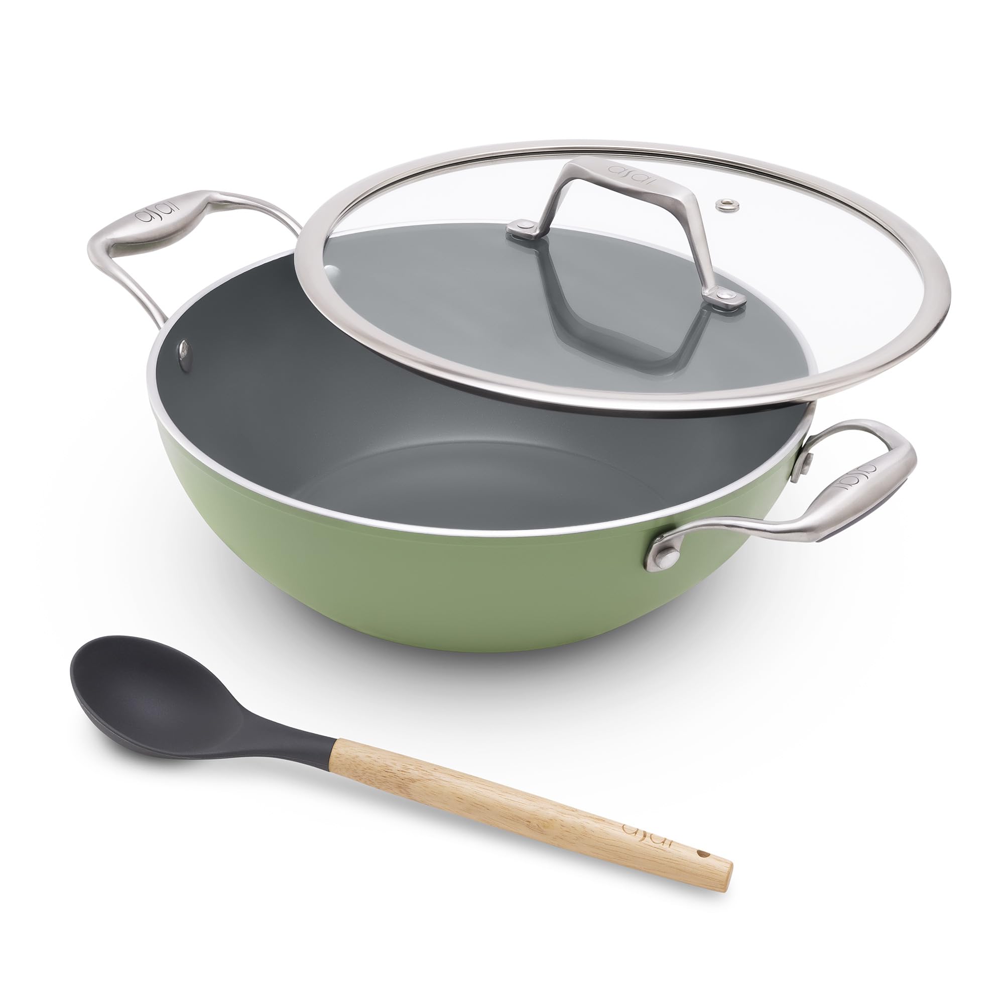 Asai Ceramic Kadai 26cm (3.5L) with Glass Lid & Silicone Spatula | Green | Procera Ceramic Non-Stick Coating | Gas & Induction Compatible | Stay-Cool Handles-image-23