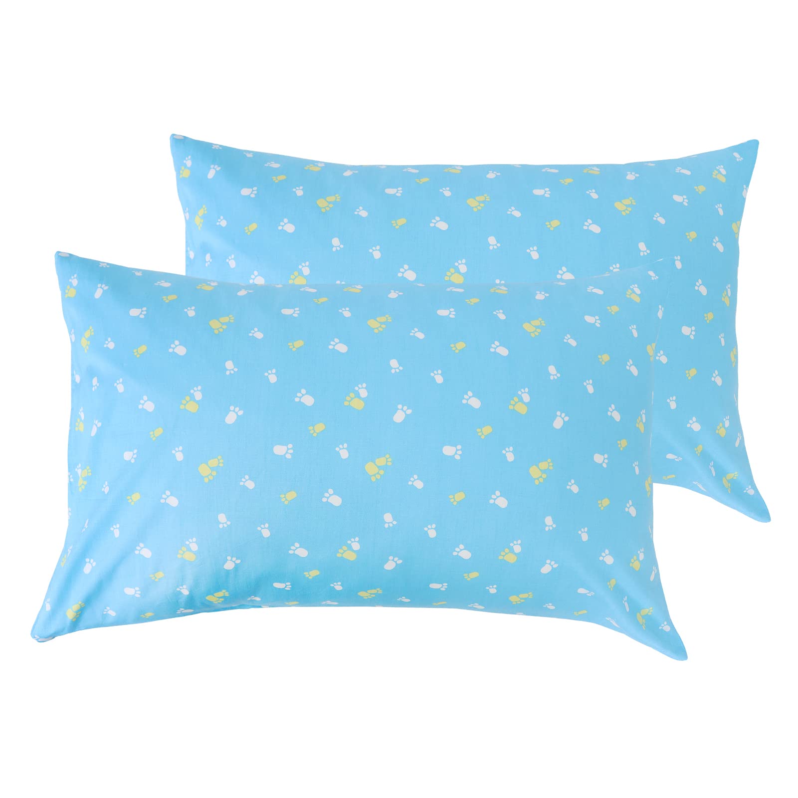 White and Yellow Footprints Paw Blue Pillowcases, 2 Pcs Toddler Kids Cotton Pillow Cover, Soft Pillow Shams Travel Pillow Cases with Envelope Closure for Bedding, Standard 20" X 30" Pillowcase