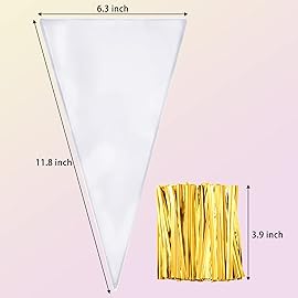 Outus 100 Pcs 7 x 12 Inch Cone Shaped Treat Bag Clear Cello Cellophane Medium Transparent Sweet Popcorn Candy Bags with 100 Pieces Twist Ties for Party Favor(Gold Twist Ties)