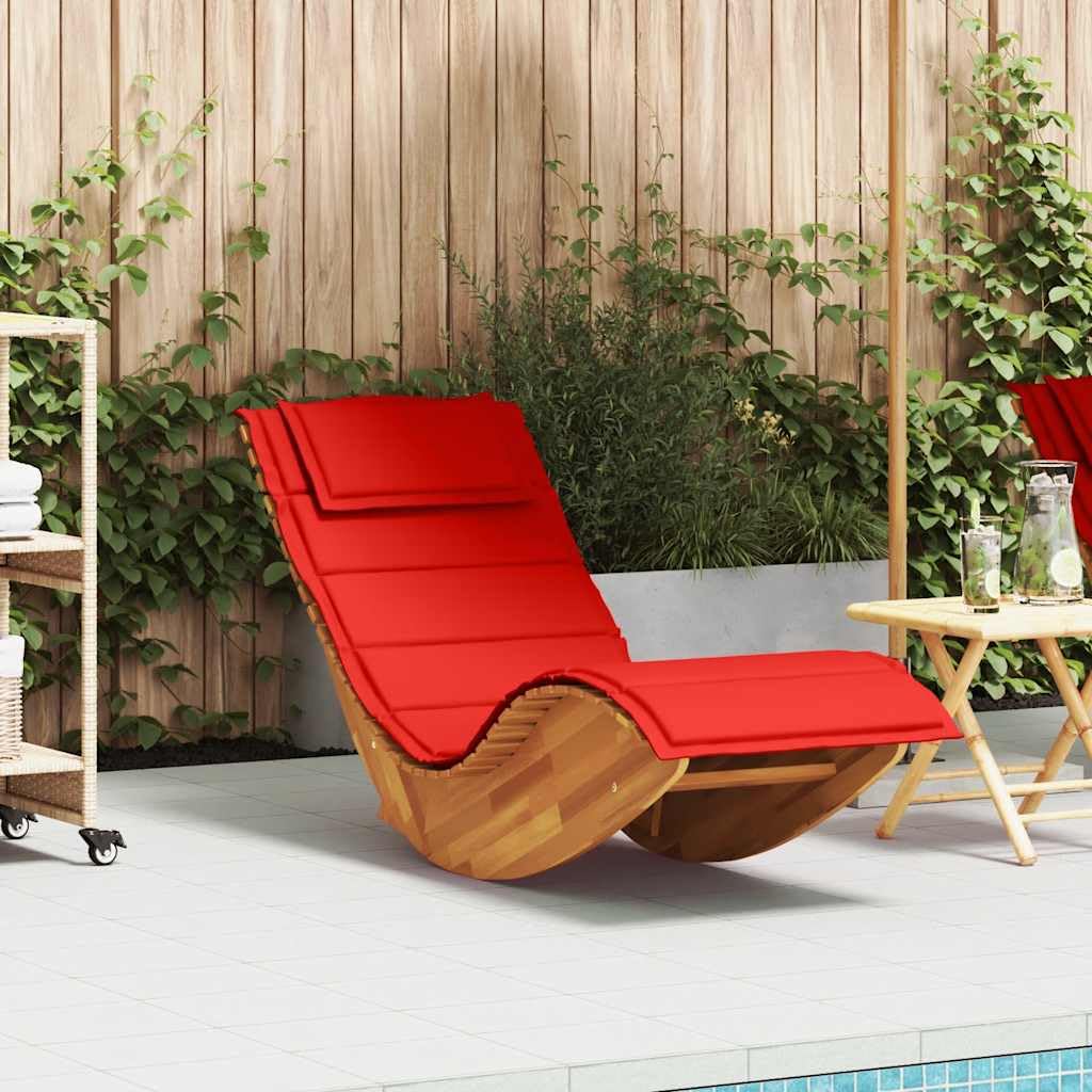 Schaukel-Sonnenliege Akazienholz mit Roter Auflage 154x60cm | Ergonomische Gartenliege aus Echtholz für Terrasse, Pool und Garten. Inklusive dickem Kissen und Kopfkissen für Komfort.