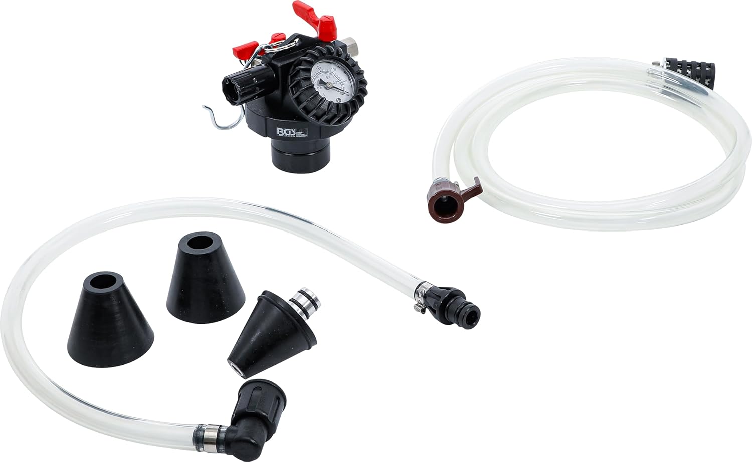 All components of the BGS 9502 tool laid out on a white background, including the main vacuum unit, two hoses, and three cone adapters.