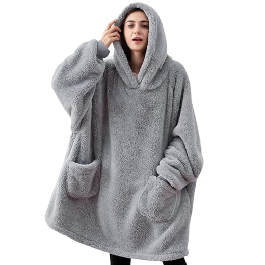 BEDSURE Sweat Plaid a Capuche Adulte - Plaid Polaire avec Manche Femme Homme Couverture à Capuche avec Manche Poches Portables, Plaid Pull Couverture Canape TV Hiver, 95x85 cm Gris