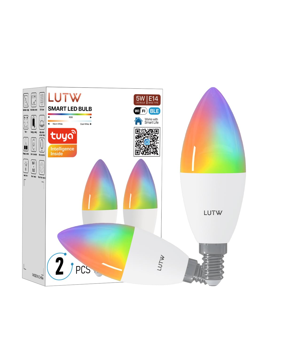LUTW E14 WiFi LED Smart Bulb, Compatible with Alexa/Google Home, 5W 470lm Alexa E14 Bulb, Dimmable C37 Smart LED Bulb, Works with WiFi 2.4GHz & Bluetooth, RGB + CW, Pack of 2