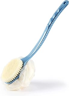 HONOMA Long Handle Shower Body Brush with Bristles & Loofah - Curved Back Scrubber for Exfoliating Massage, Wet/Dry Use Men Women Blue