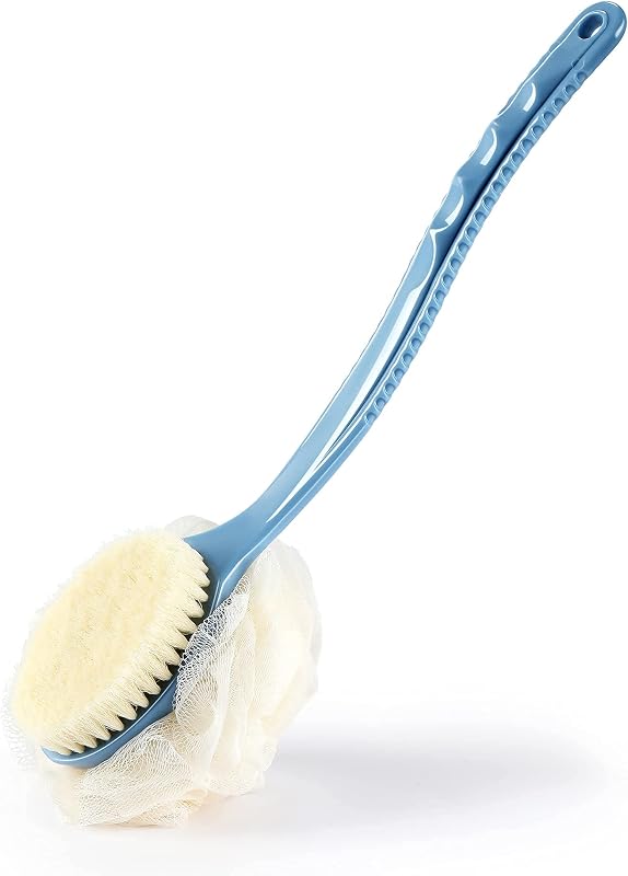 HONOMA Escova corporal para banho com cerdas e esponja de malha, cabo curvo