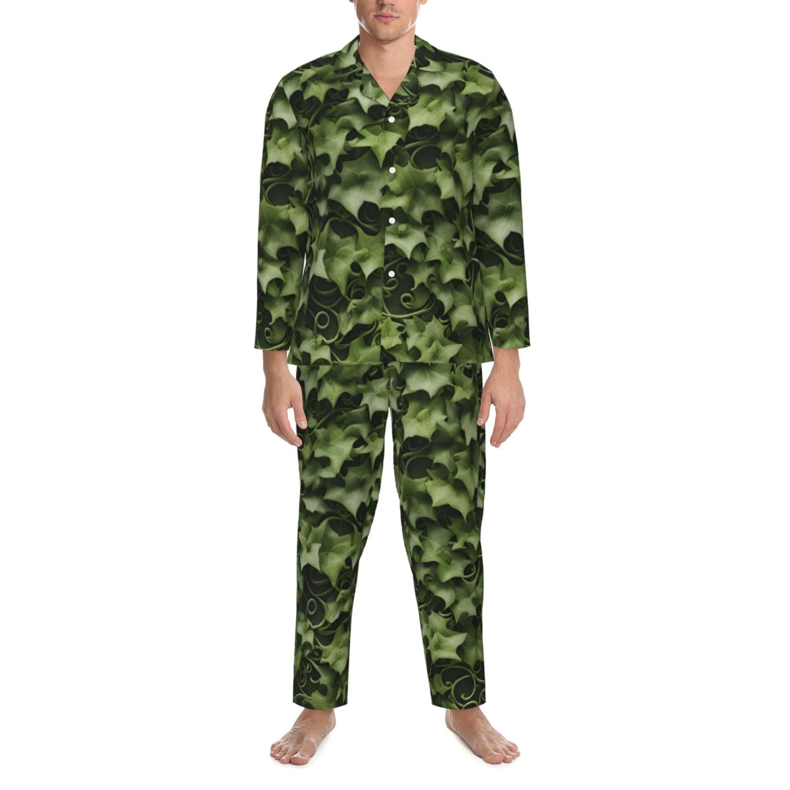 Herren-Pyjama-Set mit floralen Wirbeln, Efeu-Druck, langärmelig, zweiteilig, Hauskleidung, bequeme Nachtwäsche