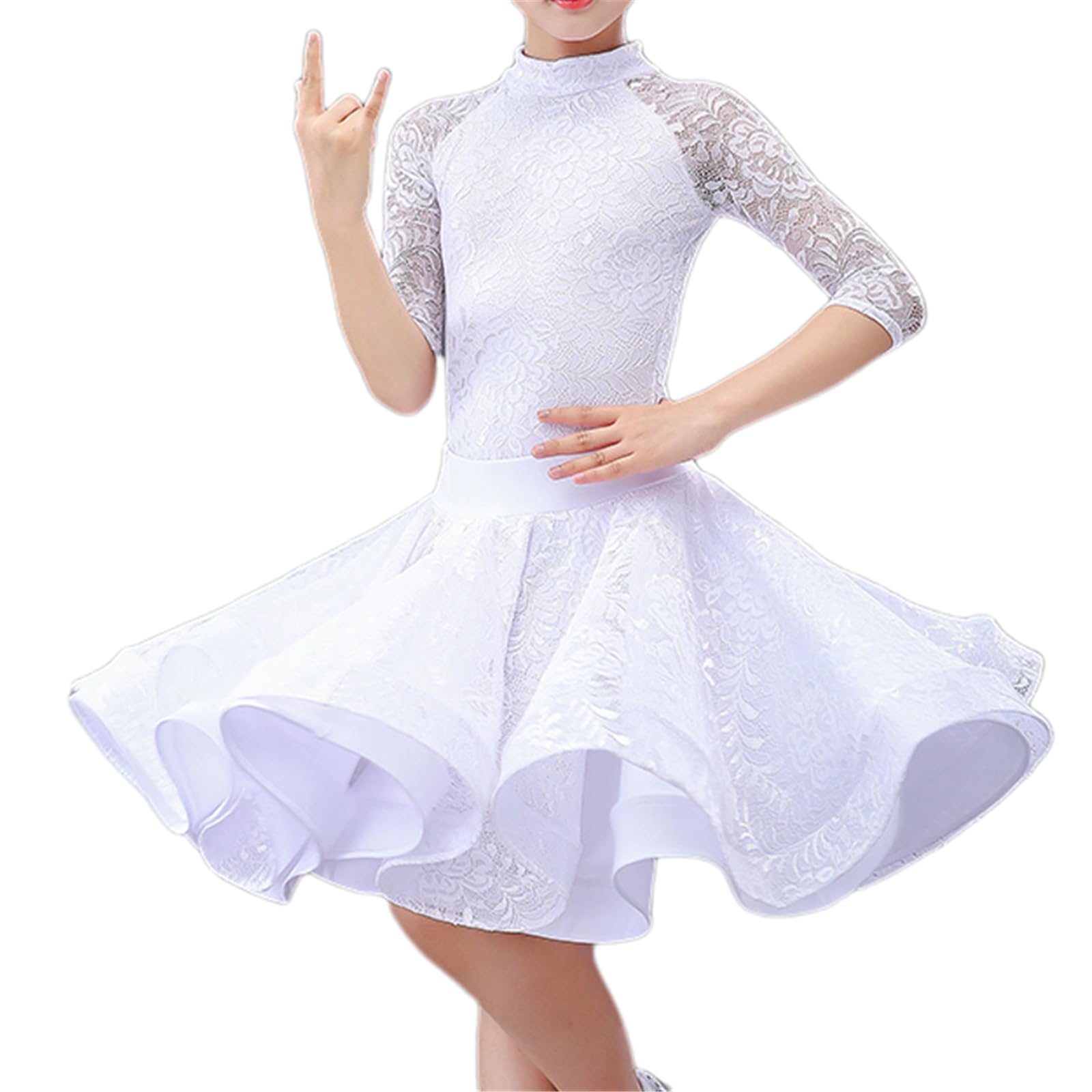 Costume da Spettacolo Teatrale per Ragazze con Body e Gonna per Bambini - Gonna da Ballo Plissettata Salsa Tango, Abito Diviso da Ballo Latino in Pizzo con Orlo Arricciato