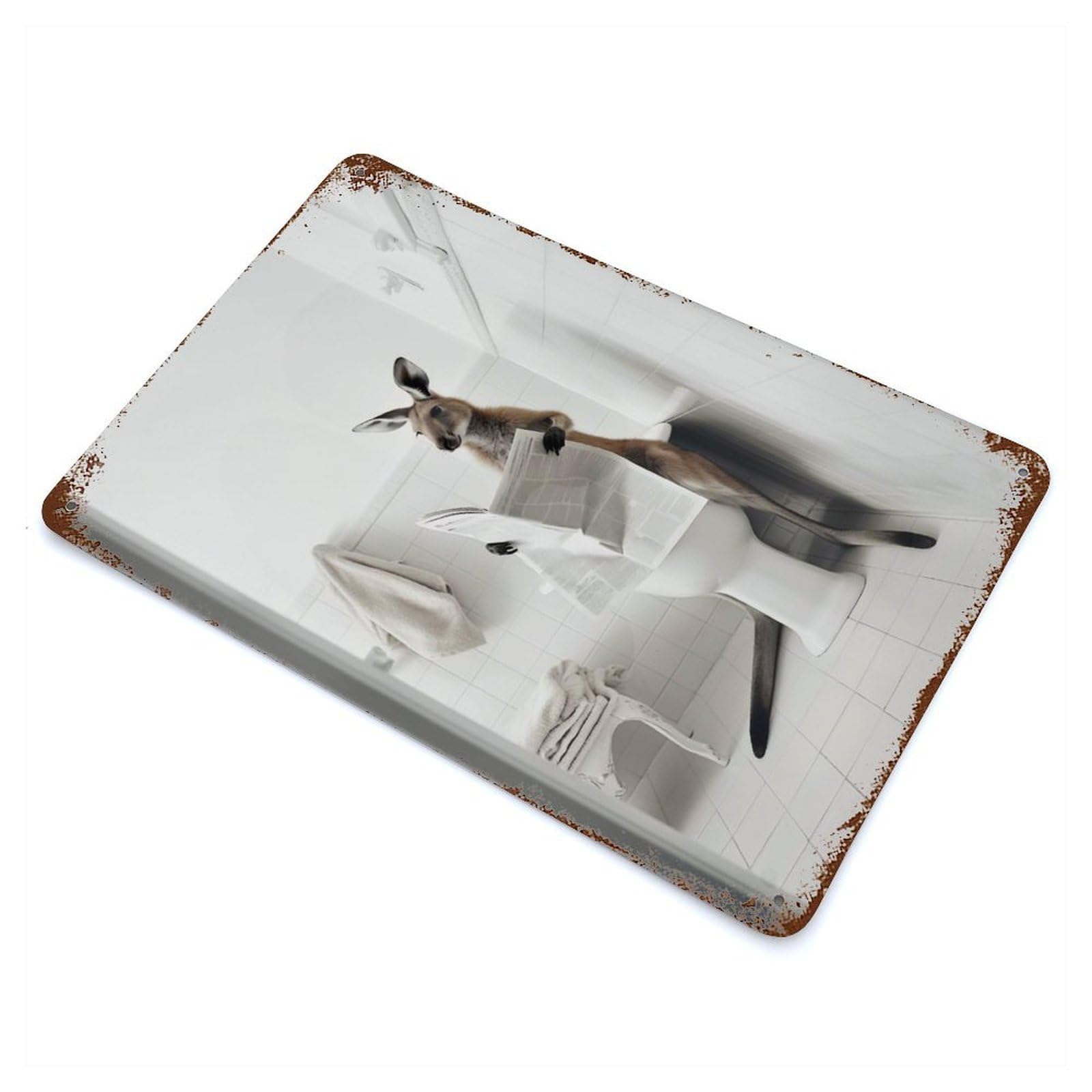 Kangaroo on Toilet 11.8"x7.9" Weathered Tin Sign, Shabby Chic Decor for Cafe, Home Bar And Lounge Decor