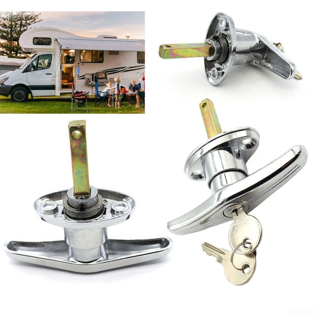 Oceanlend As Picture Show Garage Door Lock T Handle, Weatherproof T-Handle Lock With Polished Finish & 2 Keys, For Garages, Sheds, Caravans, Campervans, Barn, Waterproof Polished Finish Metal Lockable Accessories, Silver