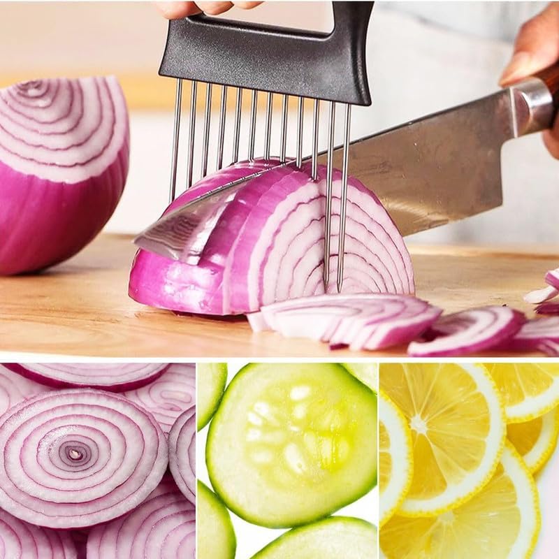 Onion Holder for Slicing, Stainless Steel Slicer Onion Cutter for Slicing, Vegetable Cutter for Potato and Tomato, Lemon Avocados, Eggs, Food Slicer Assistant Tool (1 PCS)