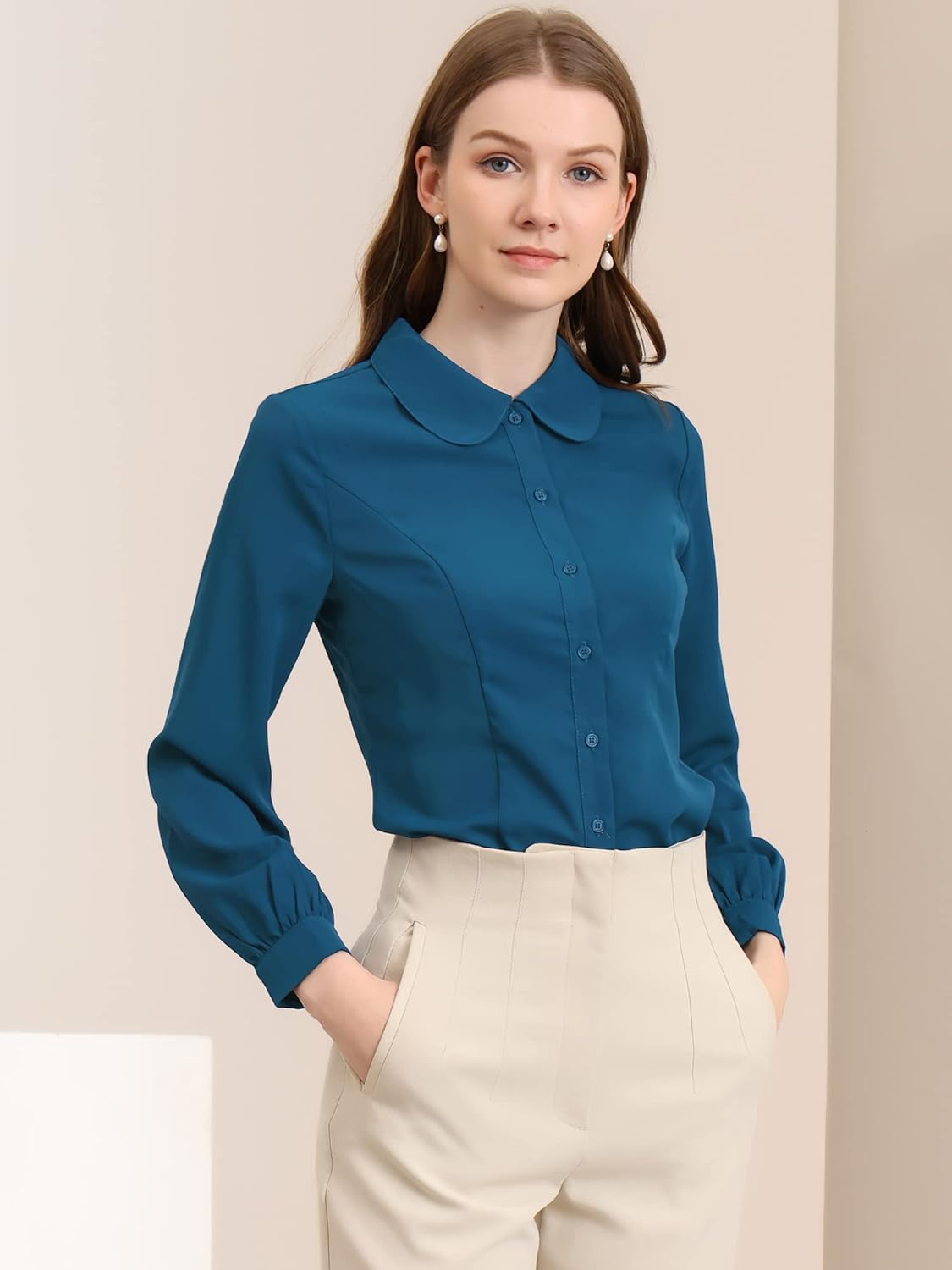 Allegra K Women's Peter Pan Collar Blouse Business Casual Long Sleeve Button Down Work Shirt - Image 3