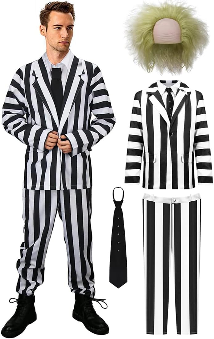 Kuberas Adult Sacry Halloween Costume for Men Black and White Striped Suit Blazer Tie Pants Wig Halloween Cosplay Outfits