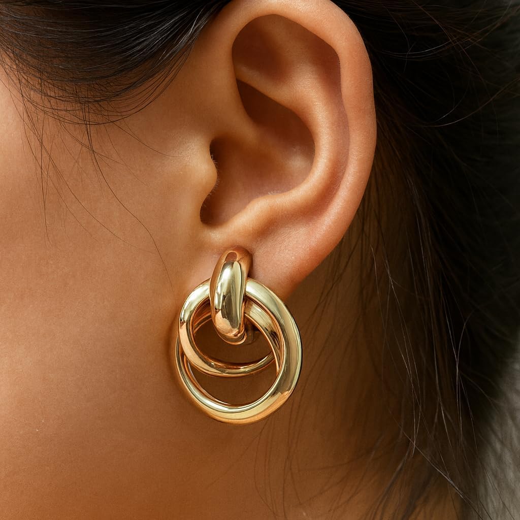 14K Gold Knot Link Clip On Earrings for Women, Chunky Statement Drop Dangle Clips Earrings Hypoallergenic for Non Pierced Ears Jewelry Gifts - Image 4