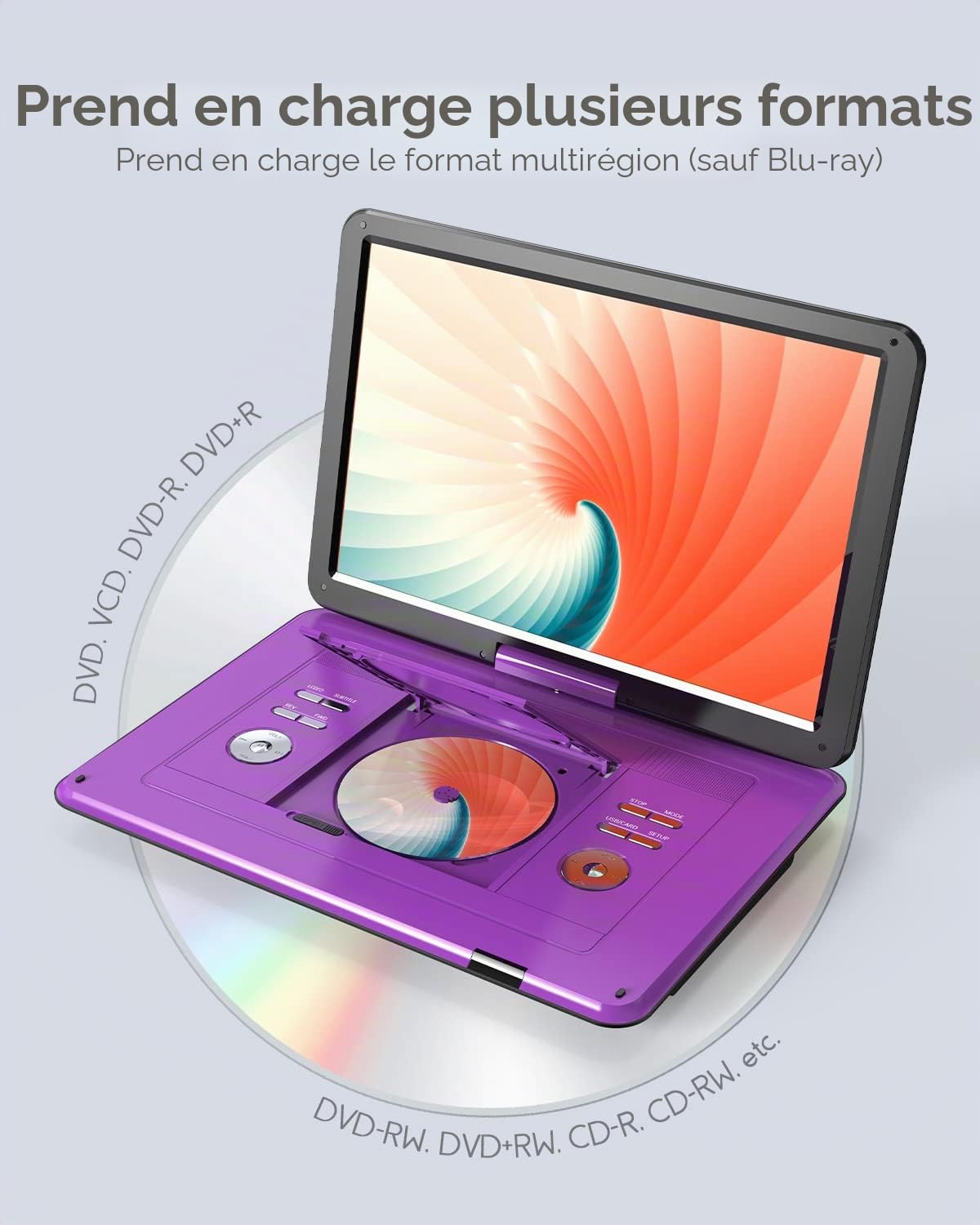 Boifun Lecteur DVD portable 17,5" avec grand écran pivotant HD de 15,6", batterie rechargeable de 6 heures, prise en charge USB/carte SD/synchronisation TV et lecteur DVD de plusieurs formats de