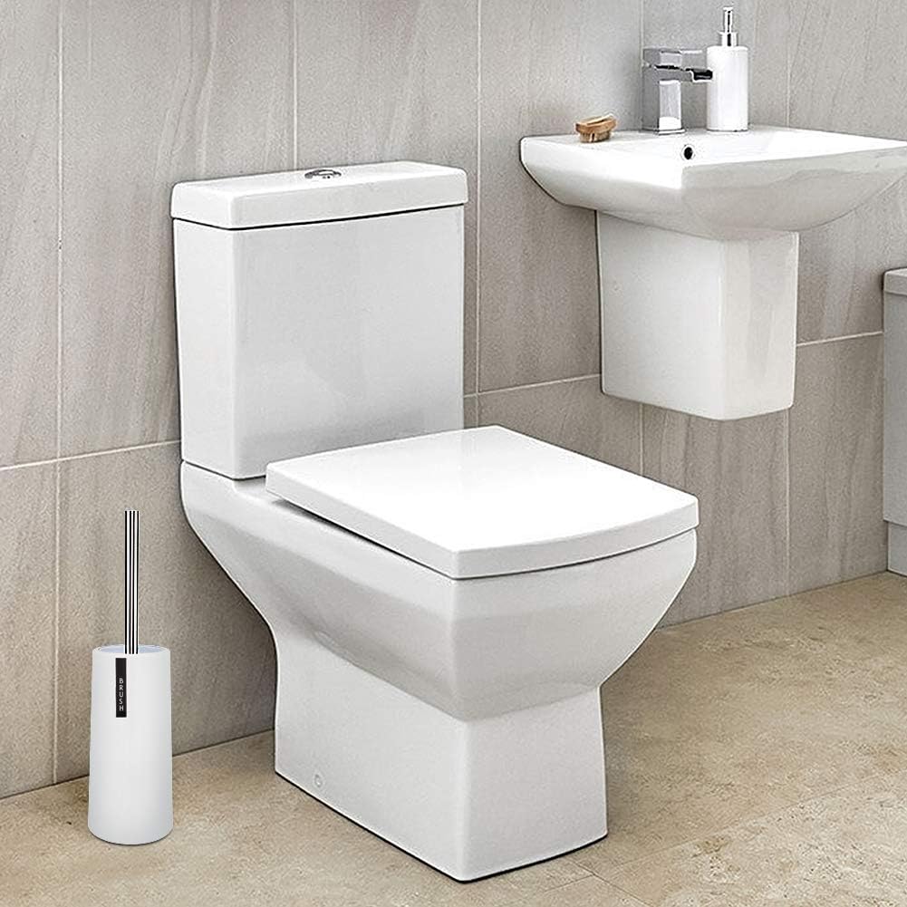 Toilet Brush and Holder Freestanding Toilet Brush Holder Set Toilet Bowl Brush Cleaner Scrubber with Long Stainless Steel Handle for Bathroom, Space Saving, Deep Cleaning(White)