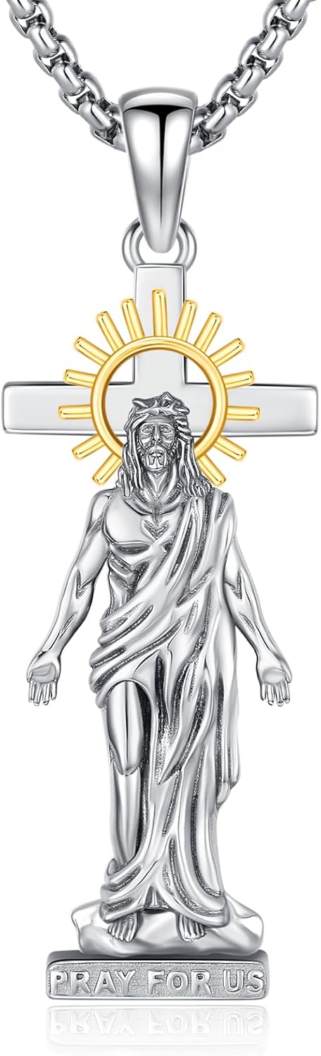 Crucifix Necklace for Men 925 Sterling Silver Jesus Cross Necklace Crucifix Cross Pendant Protection Jewelry for Men Women