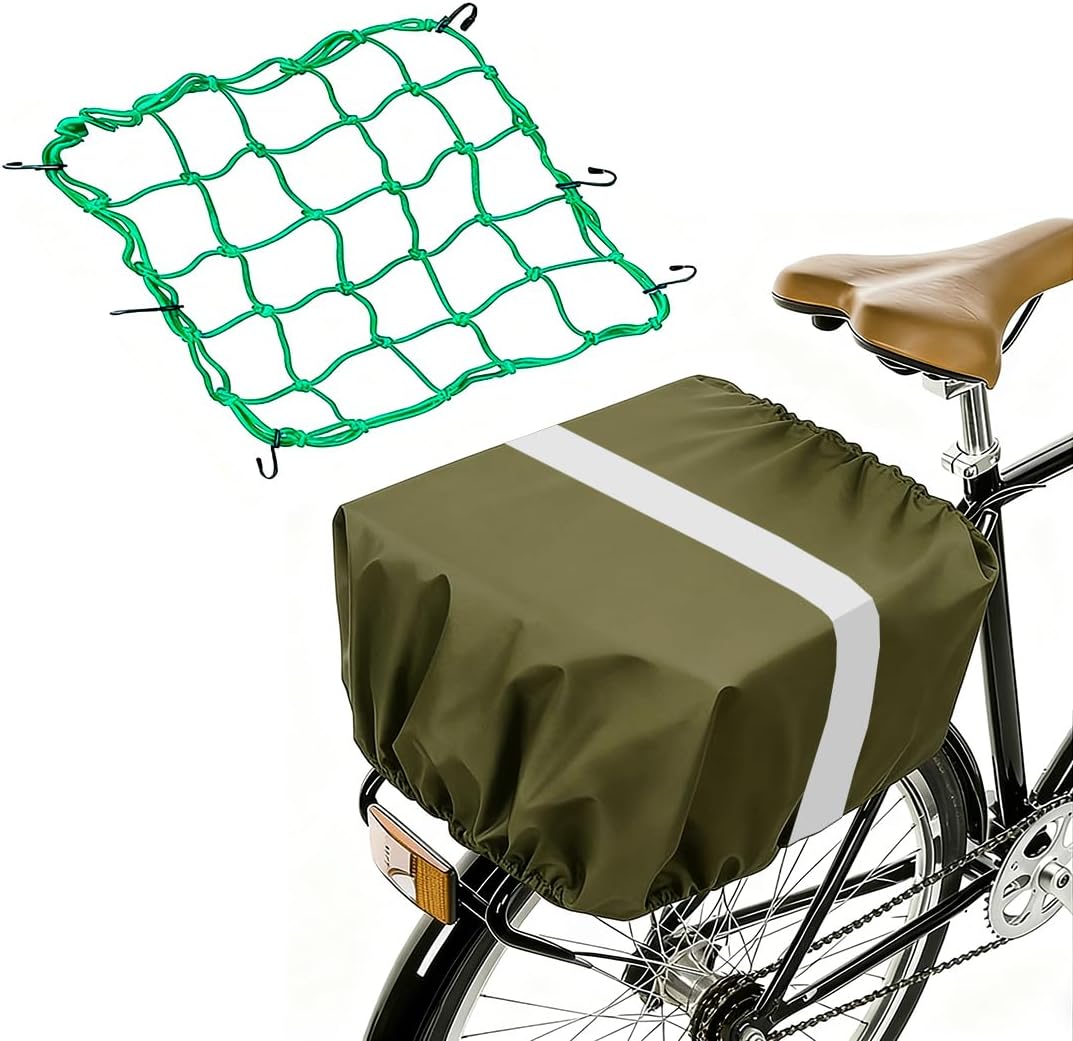 Waterproof Bike Basket Rain Cover and Bungee Cargo Net - Elastic Bicycle Basket Liner with Reflective Strip, Fits Most Bikes