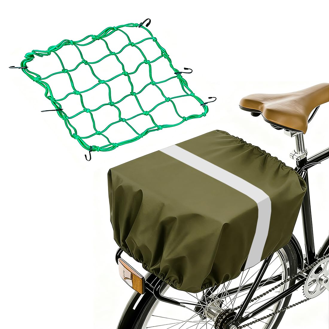 MATTISAM Waterproof Bike Basket Rain Cover and Bungee Cargo Net - Elastic Bicycle Basket Liner with Reflective Strip, Fits Most Bikes (Army Green, Medium (60L))