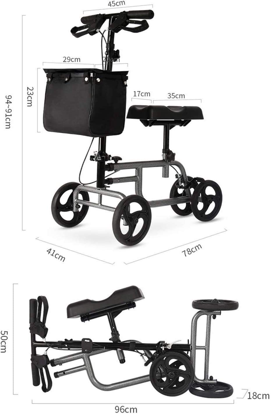 Andador para Ancianos Rollator Ayudas For Caminar De Rodilla 4 Ruedas Plegables, Caminante De Rodilla De Rodilla Con Sistema De Doble Freno, Altura De Transmisión Médica De Transmisión Al Aire Libre U