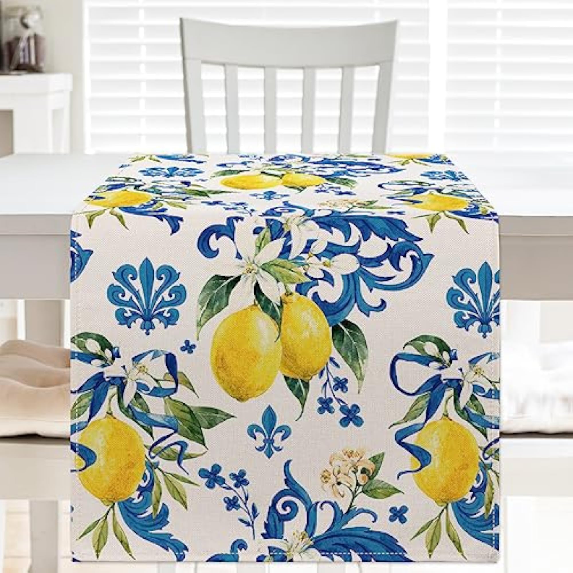 Lemon Table Runner with Blue Tiles, Kitchen Dining Table Decoration