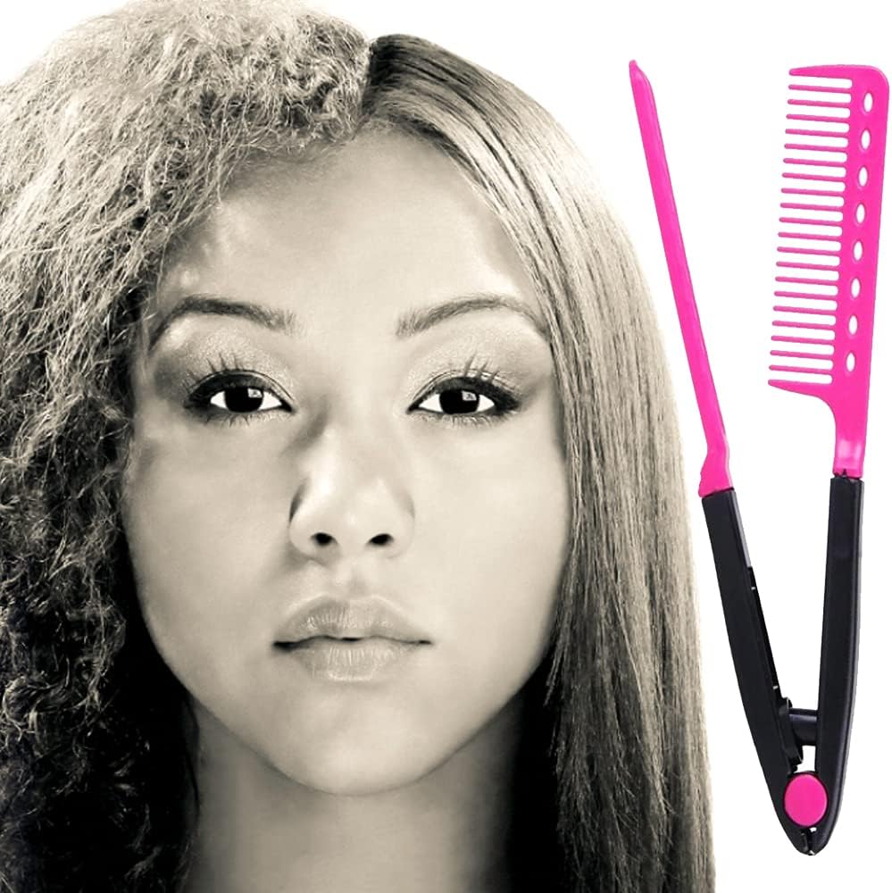 EasyGlide-V Hair Straightener and Detangler - Rat Tail Style V-Comb for Sectioning, Flat Ironing, Blow Drying, Keratin Comb for Tangled Hair, Spring Grip, Heat Resistant (Pink)