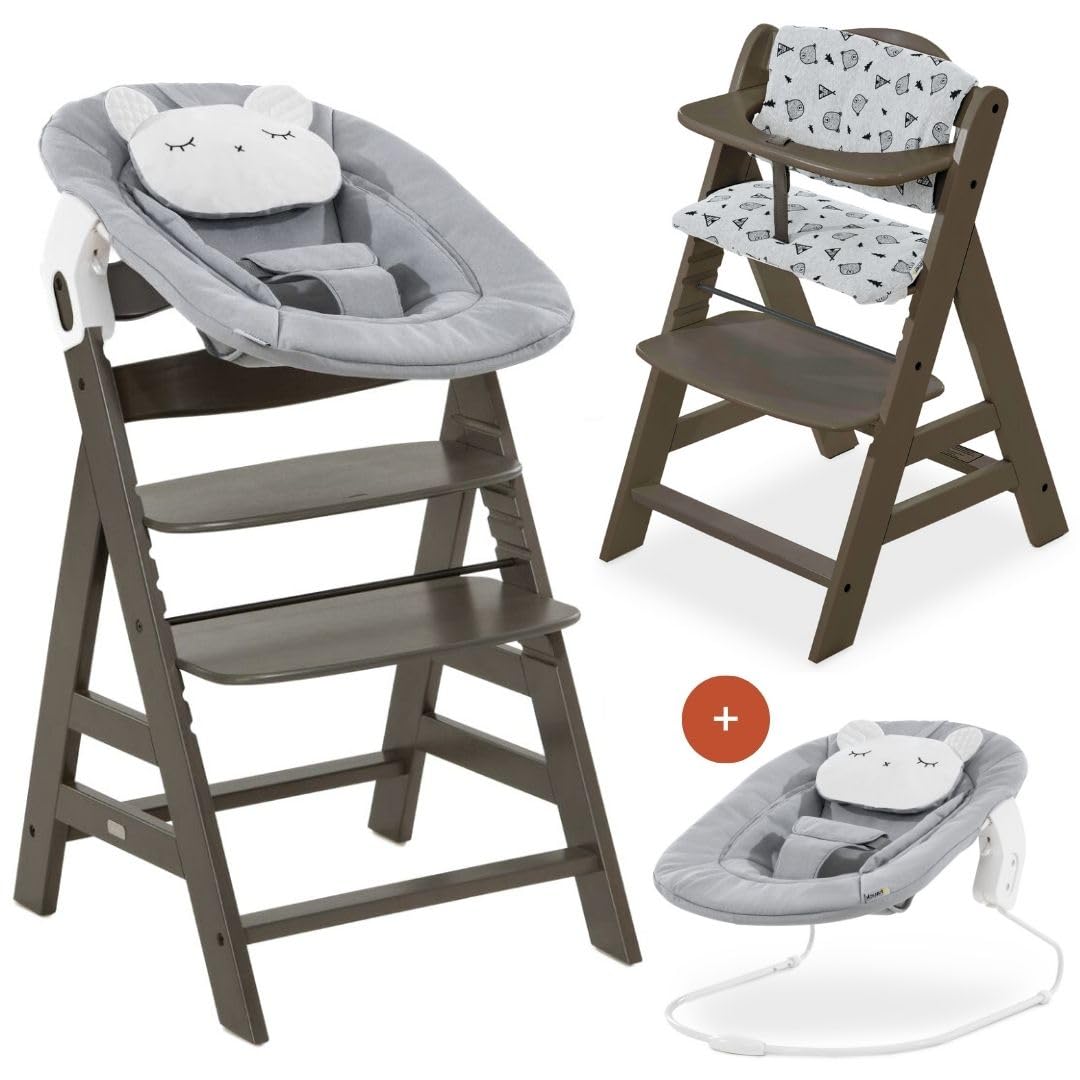hauck Hochstuhl Alpha Plus Newborn Set mit Bouncer Pastell Bear - Holz Babyhochstuhl ab Geburt mit Sitzauflage und Neugeborenenaufsatz - Charcoal Nordic Grey