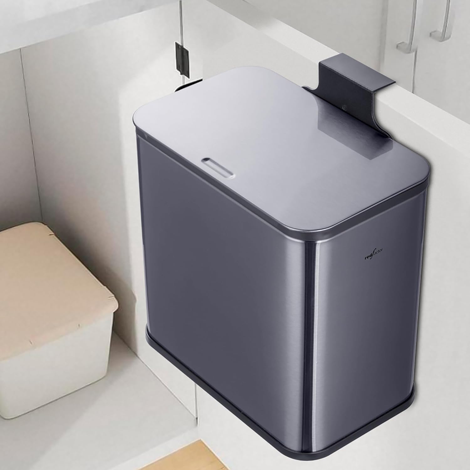 RedFactor Stainless Steel Hanging Trash Can with Lid and Inner Bucket – Slim 1.3 Gallon Odor-Free Compost Bin for Kitchen Cabinet, Countertop, Under Sink, or Bathroom (Metallic Gray)