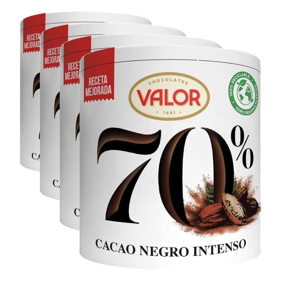 Valor - Cacao Soluble Negro Intenso 70%. Sin Gluten. Receta única y exquisita de cacao Valor. Intenso Sabor y Aroma - 300 Gramos (Paquete de 4)