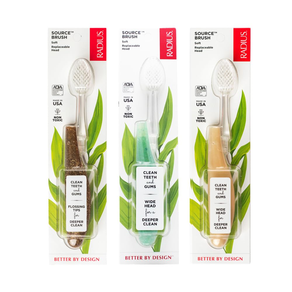 RADIUS Cepillo de dientes Source Floss sin BPA, mejora la salud de las encías y reduce los problemas de las encías, suave, cáñamo, soda, ecogrind, coco, paquete de 3