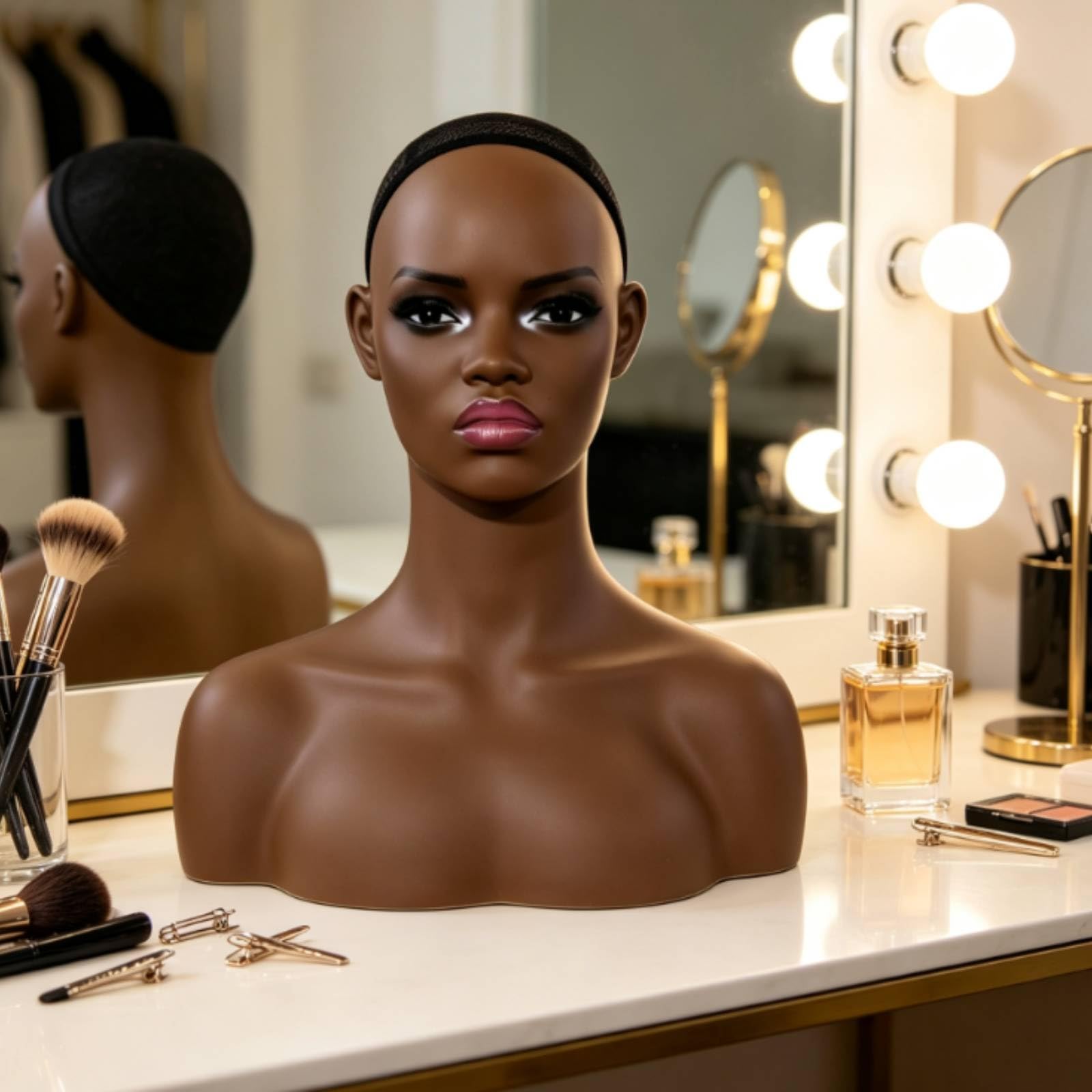 F Fityle Cabeza de Maniquí + Busto + Soporte + Expositor Figura Femenina Realista con Ojos y Pestañas Pintados Malla Negra en para Fijación Construcción