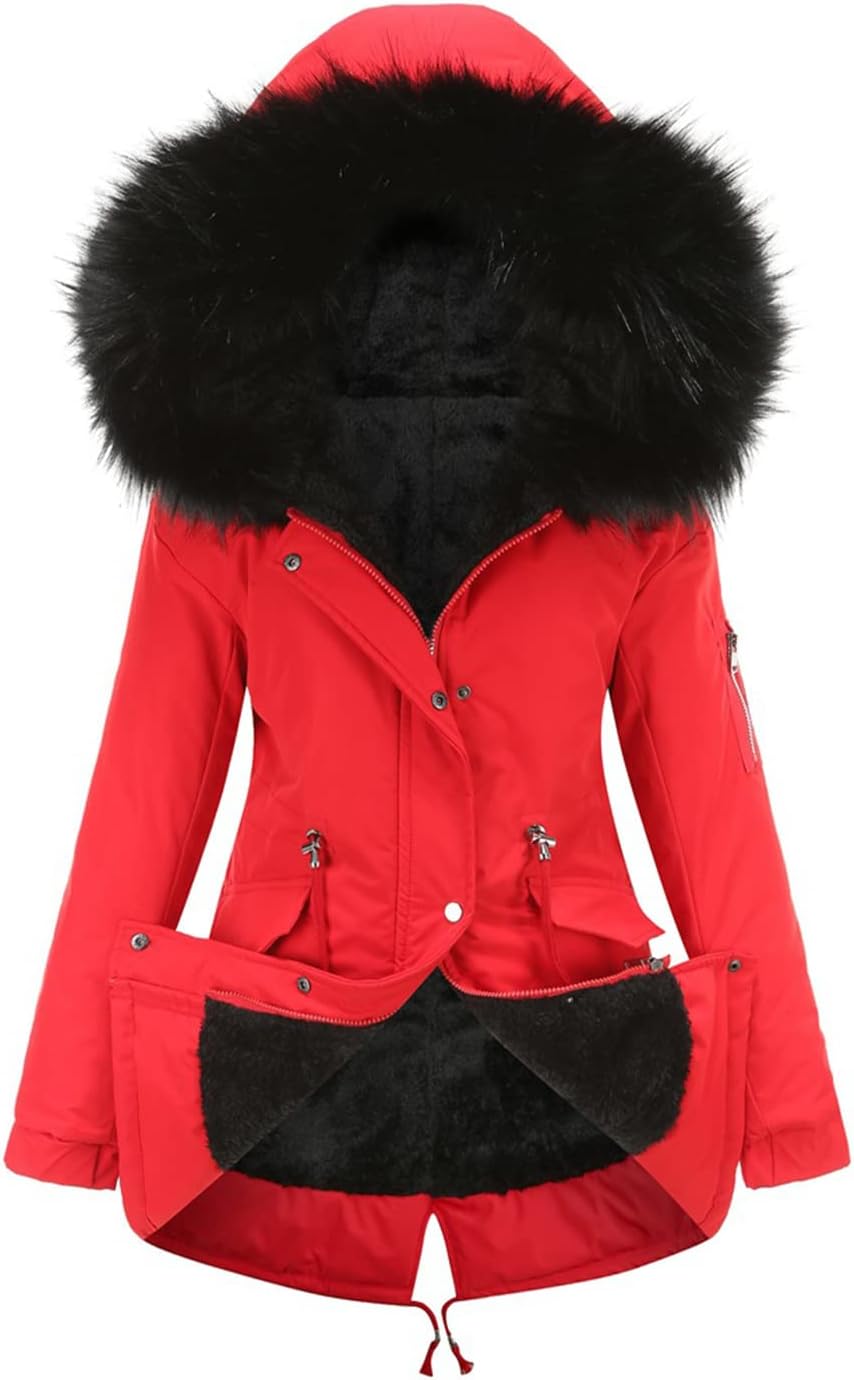 happlan Women's Casual Lightweight Sherpa Fleece Lined Faux Fur Collar Outdoor Anorak Hoodie Jacket