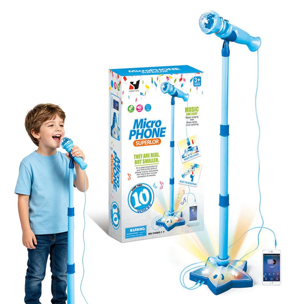 NKFBEV Kids Microphone and Stand, Kids Karaoke Machine with Flashing Stage Lights, Adjustable Height Kids Microphone with Stand, Sing Musical Toy for Girls Boys Birthday (Blue)