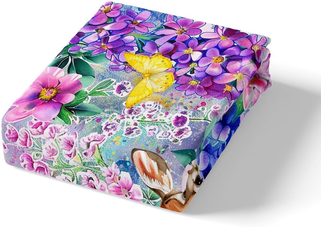Watercolor Blossom Flower Fitted Sheet Wild Animals Rustic Plants Bed Sheet Set for Kids Children Teens Cute Deer Bed Cover (No Top Sheet) for Bedroom Decor,Twin Size