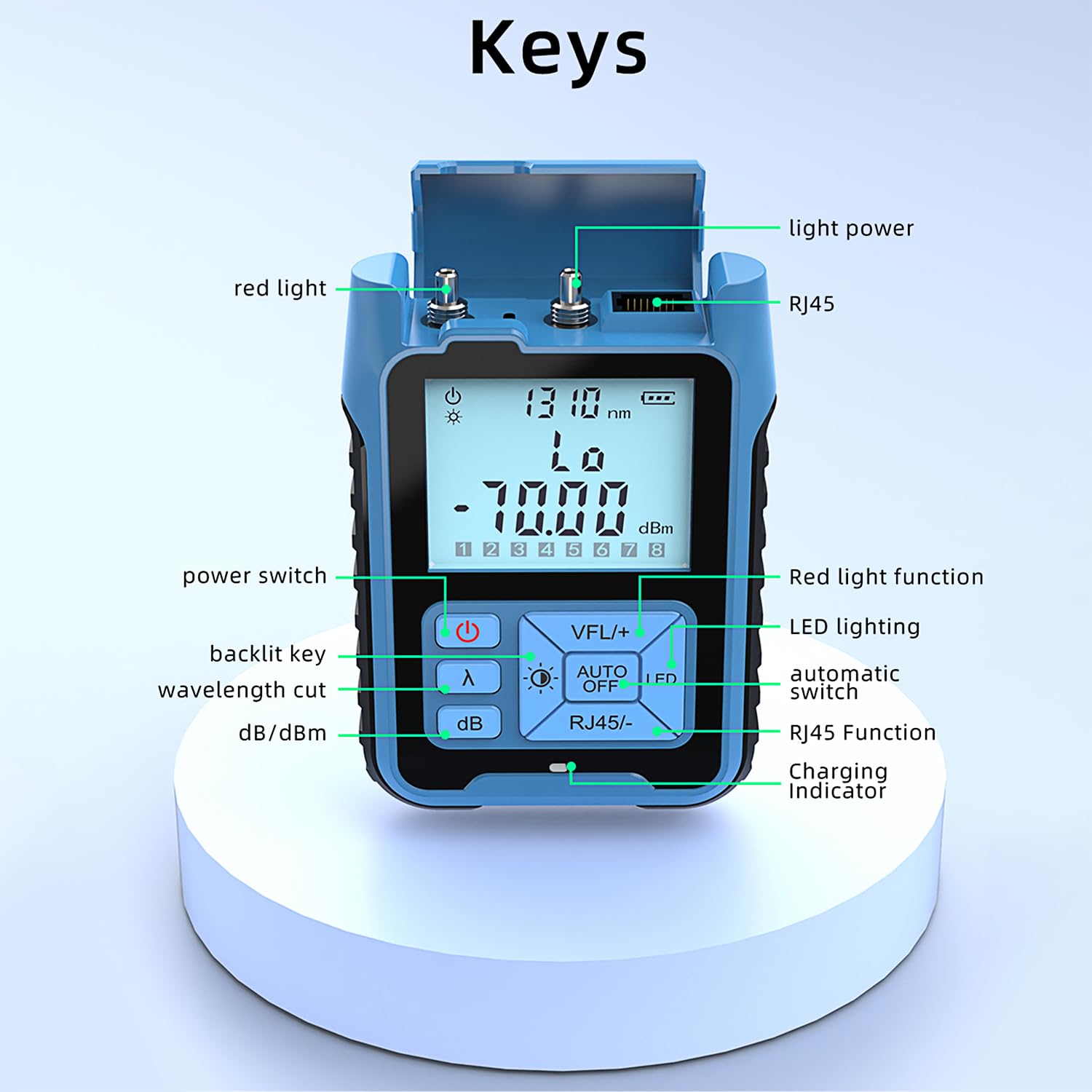 Mini medidor de potencia óptica, localizador visual de fallos, 10 mW, comprobador de fibra óptica. Rango de medición: -70 ~ +10 aBm, Sin función de comprobador RJ45 ni conector