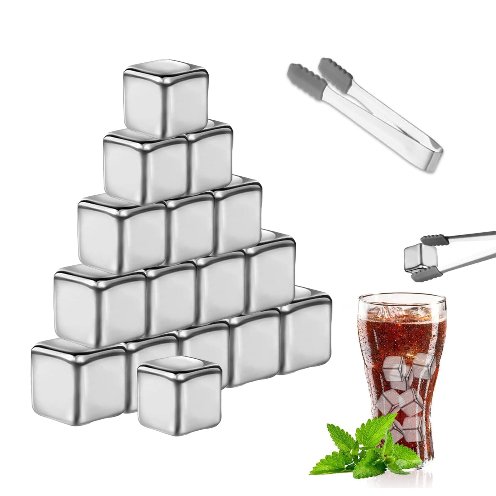 16 Pezzi Cubetti di Ghiaccio Riutilizzabili con 1 Pinze e 1 Scatola Trasparente Cubetti Set Ghiaccio Acciaio Inox Pietre Refrigeranti per Raffreddare Vodka Vino Amanti del Whisky Cocktail