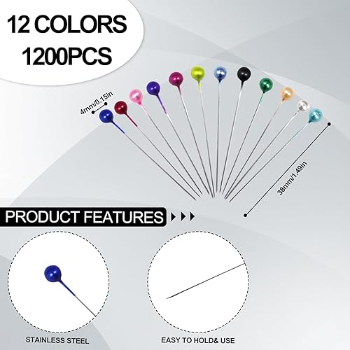 Miniatura 2 de BLMHTWO 1200 alfileres de costura con cabeza de perla, alfileres rectos para coser con caja, alfileres de acolchado con cabeza de vidrio de bola de