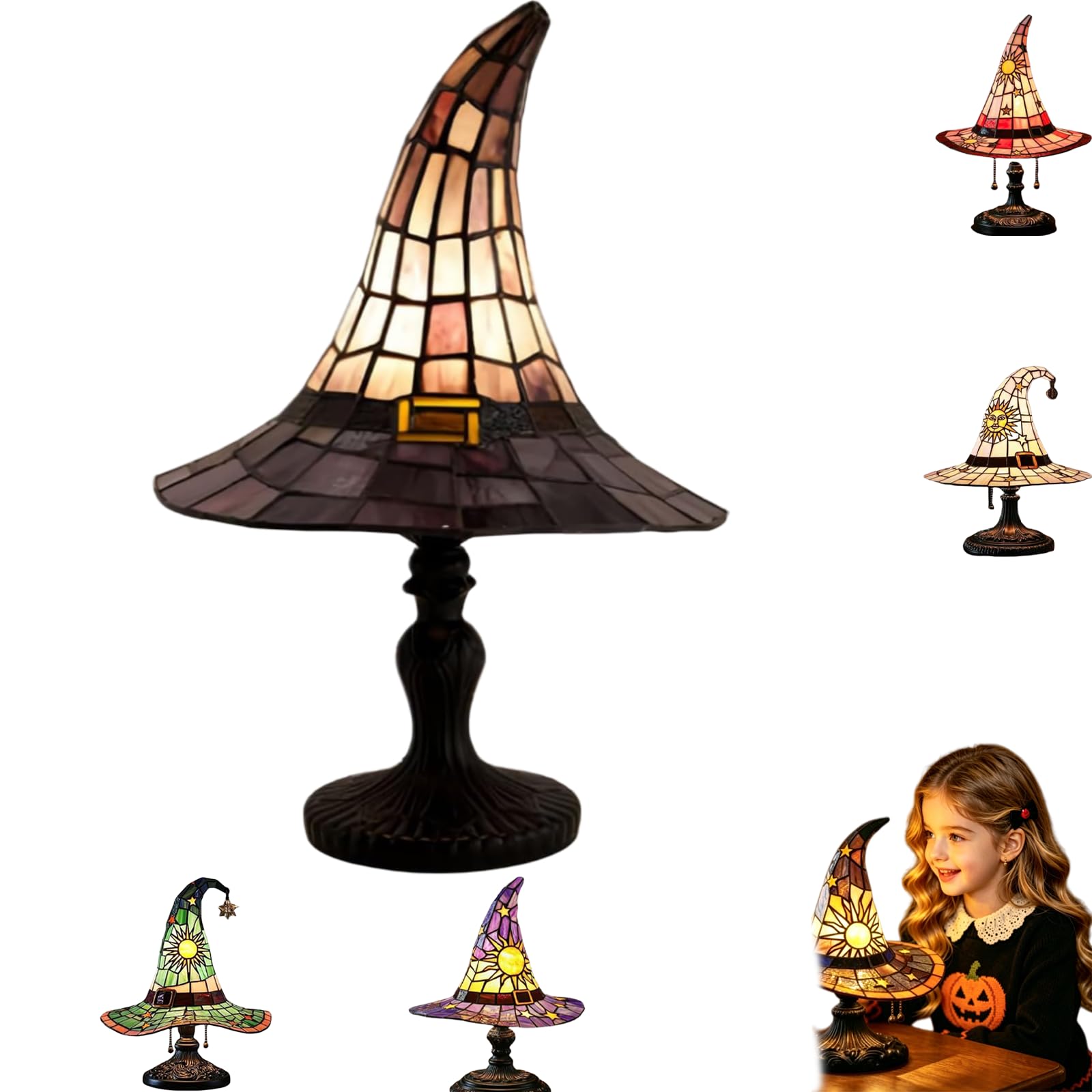 UIRPK Stained Glass Witch Hat Lamp,Handmade Witch Hat Lights, Handcrafted Retro Resin Witch Lamp, Halloween Home Decor Accent Lamps for Bedroom & Bookshelf (G-S)
