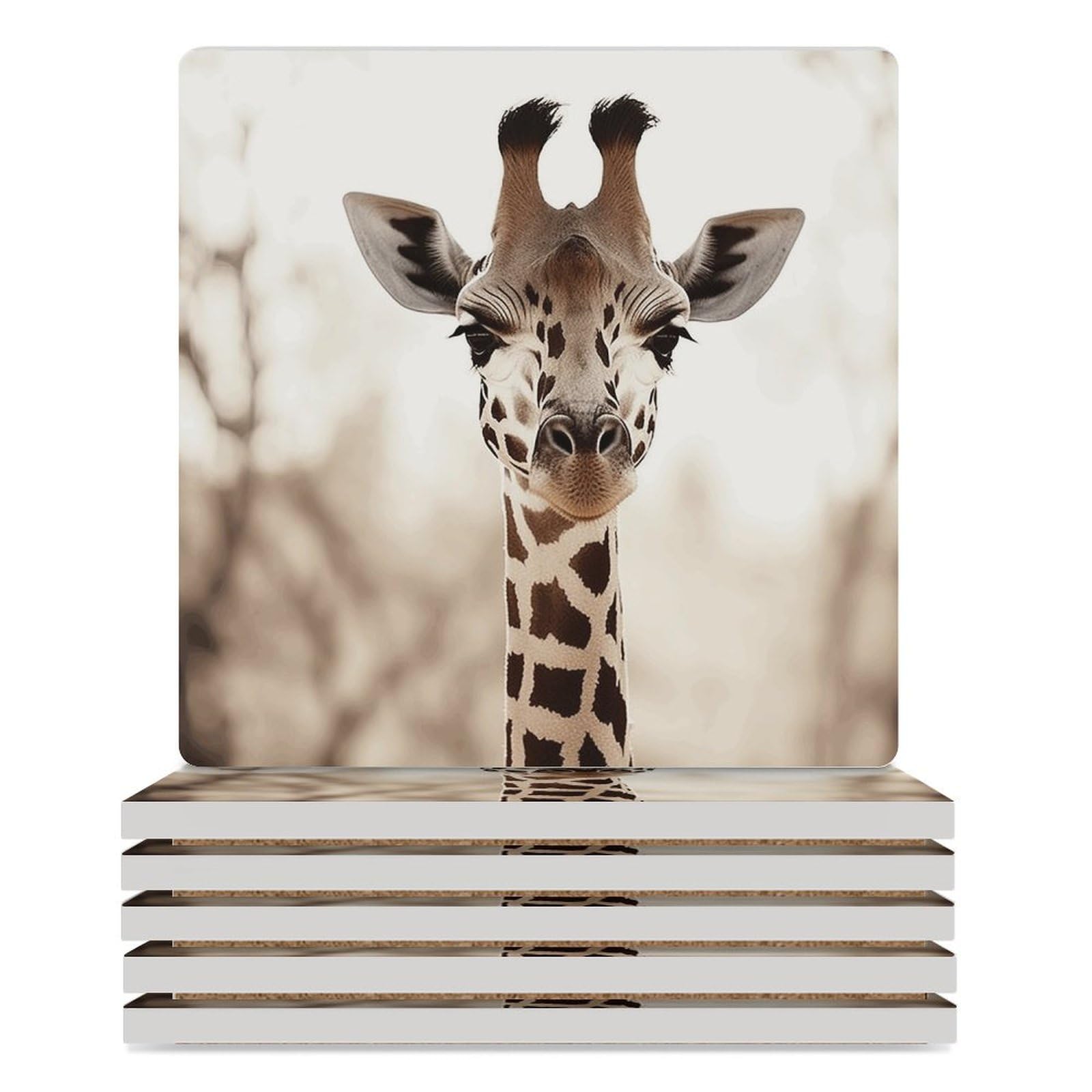 Dessous de verre girafe en céramique (lot de 6) avec support noir pour table de salon