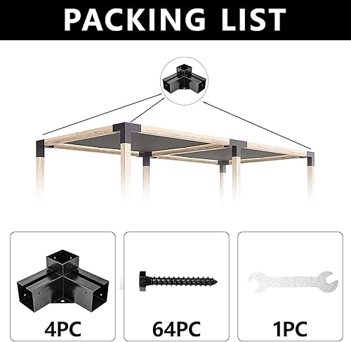 Miniatura 7 de FMhotu Kit de soportes para pérgola de bricolaje, paquete de 4 soportes de esquina de ángulo recto de 3 vías para madera de 4 x 4 (tamaño interior