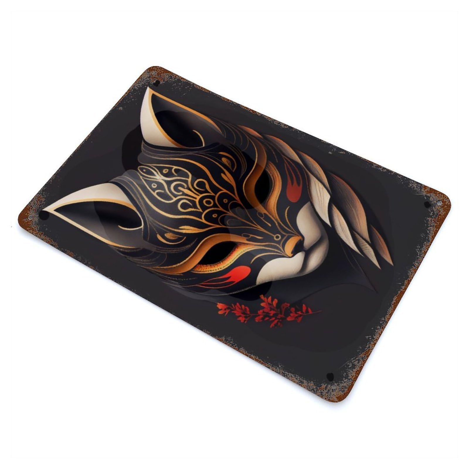 Lucky Kitsune Mask Rusty Metal Tin Sign 11.8"x7.9", Ideal for Pub, Kitchen And Man Cave Decor
