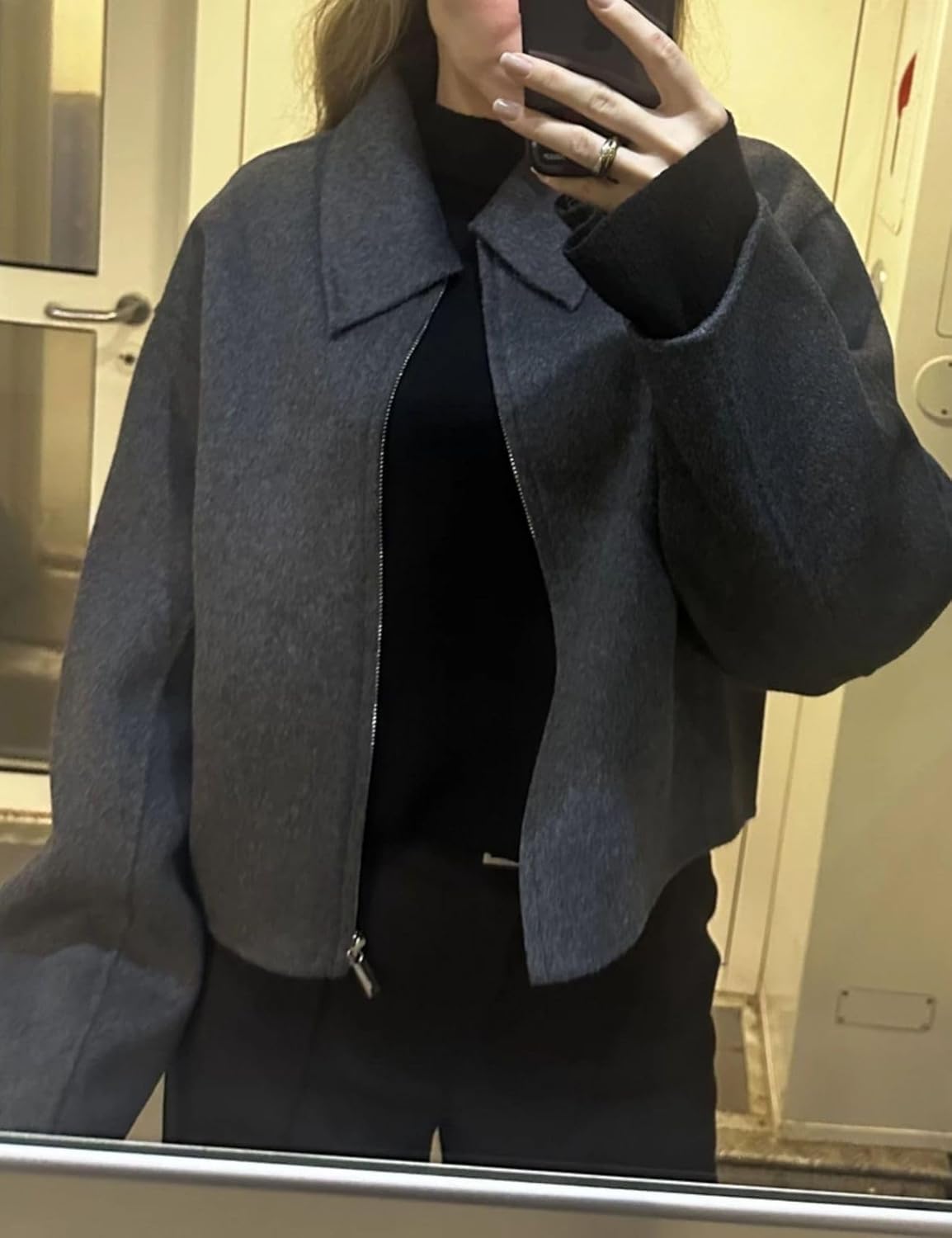 Zucige Womens Cropped Wool Jacket Plain Zipper Short Pea Coats Fall Winter Trendy Tweed Jackets 2025 - Image 6