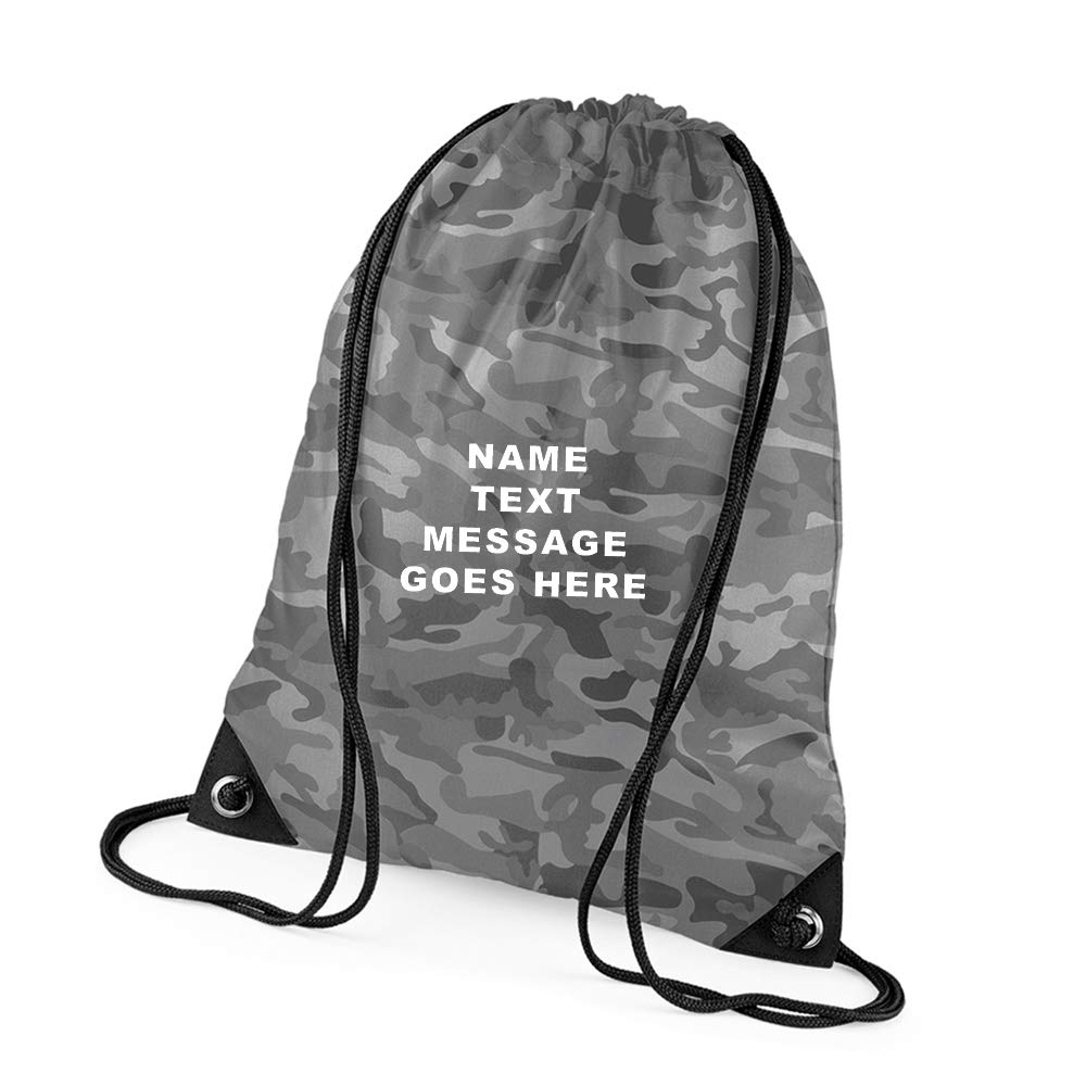 Personalised with your Own Any Name/Message/Text Premium Drawstring Bag PE Gym Kit Birthday/Secret Santa School P.E Kids Sport Rucksack. (Arctic Jungle Camo)
