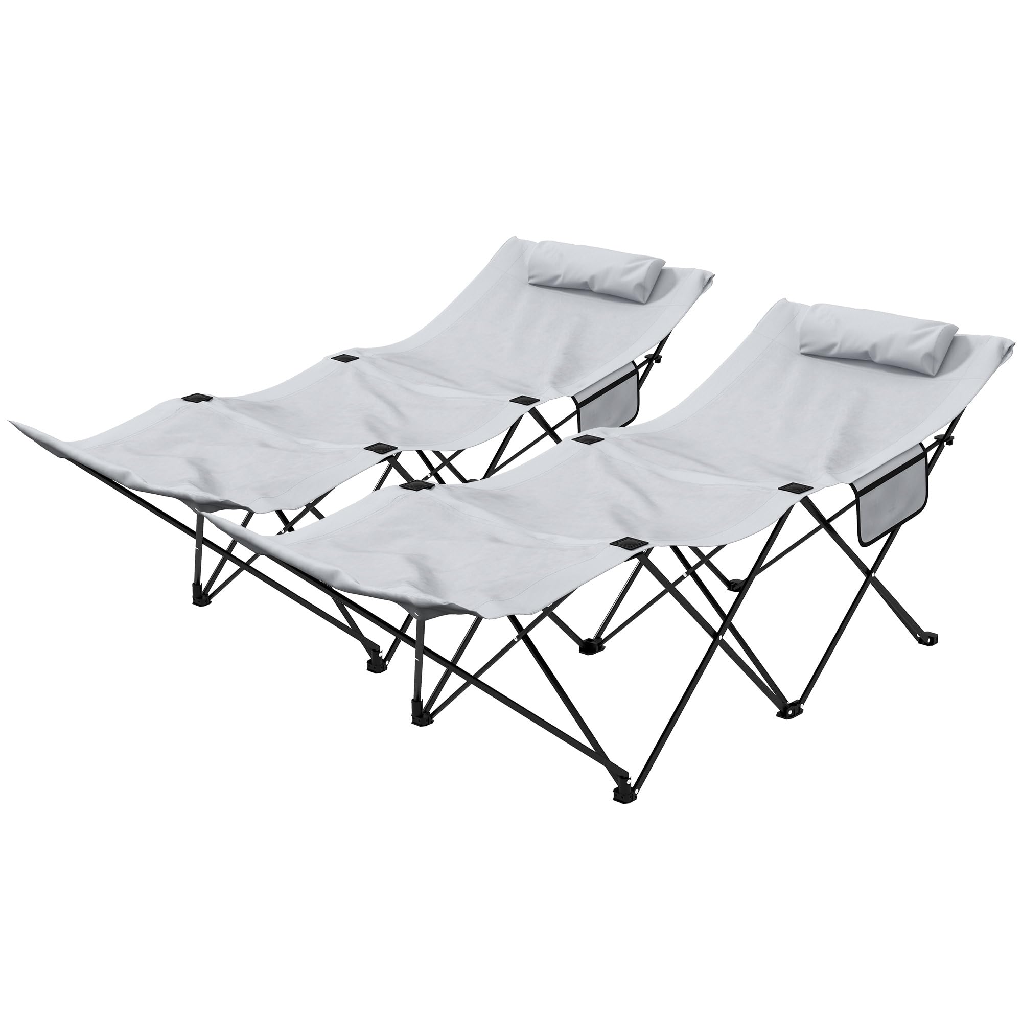Outsunny Lot de 2 Chaise de Camping Pliables, transats Bains de Soleil avec Appui-tête, Poche latérale, chaises Longues en Tissu Oxford, châssis en Acier, Gris