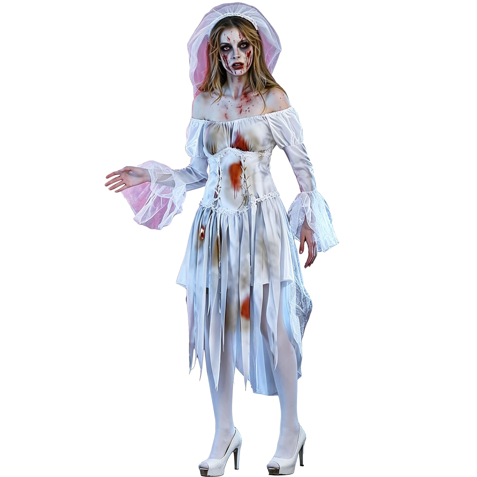 Sexy outfit Damski kostium zakrwawionej zwłok panny młodej 3-częściowy zestaw Sukienka z odkrytymi ramionami z gorsetem i welonem Halloween Straszny przebranie