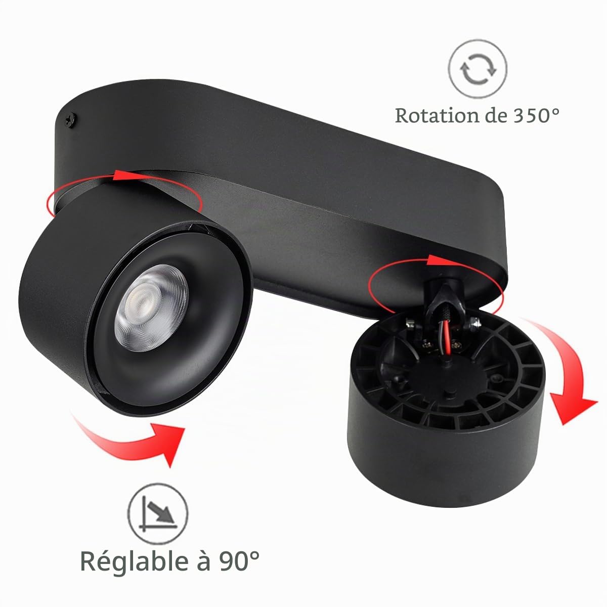 Budbuddy 2X12W Plafonnier LED 2 Spots Orientables Spots de Plafond Pivotants Plafonnier Apparent Noir Rails de Spots Intérieur Moderne pour Couloir, Salon, Bureau Boutique et Plus 3000K