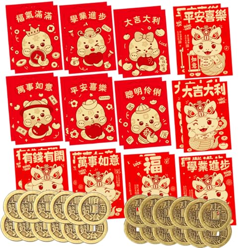 24 Pcs Chinese Red Envelopes, Chinese New Year Red Envelopes for Money 2025 Snake Lunar New Year with 24 Lucky Feng Shui Coins for Party Wedding Chinese Lunar Year