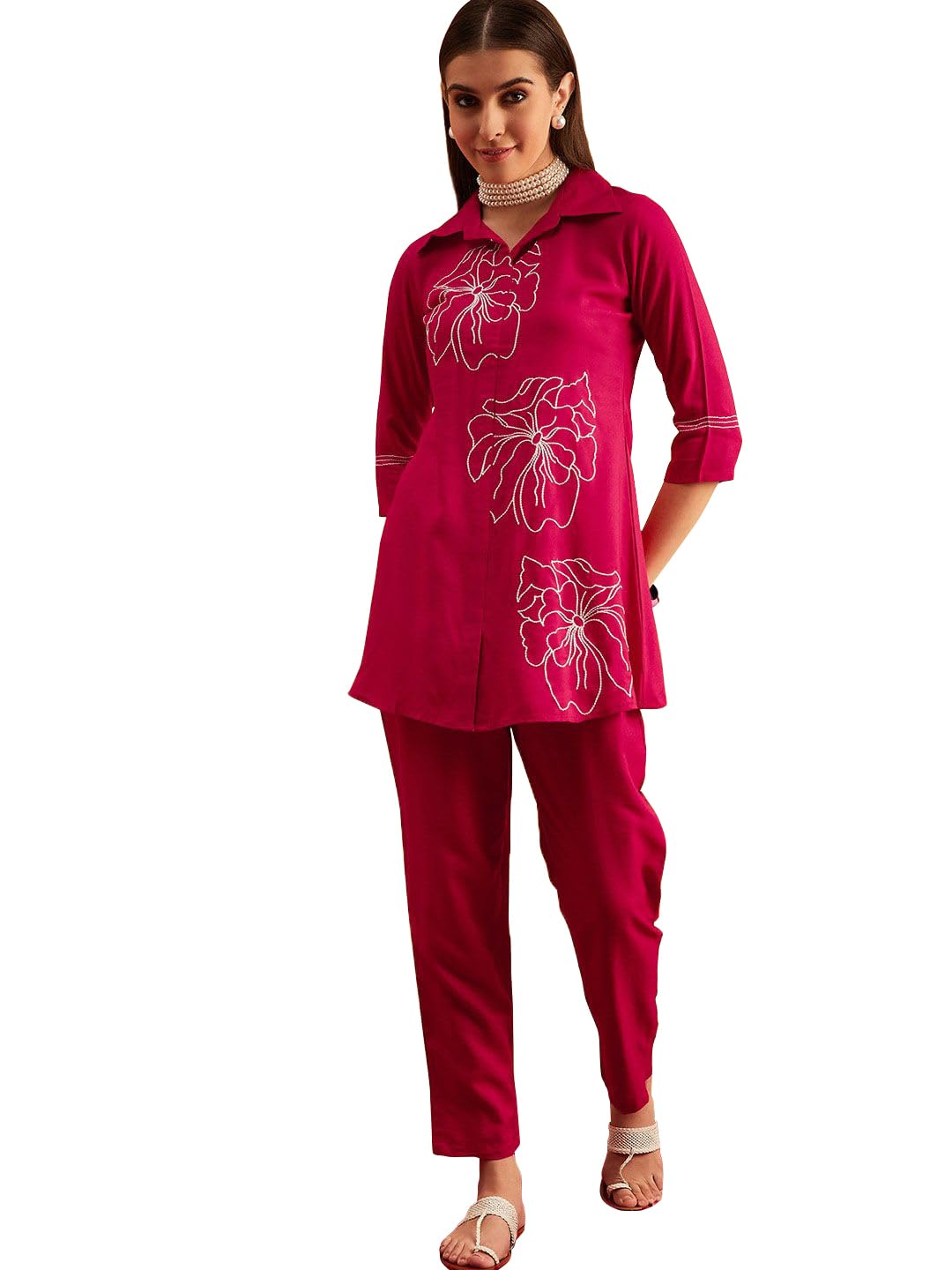 Shasmi Women's Elegant Hot Pink Co Ord Set For Women Stylish Kurta Ethnic 3/4 Sleeve Co-Ord Set (Co-Ords 191 Pink-M)